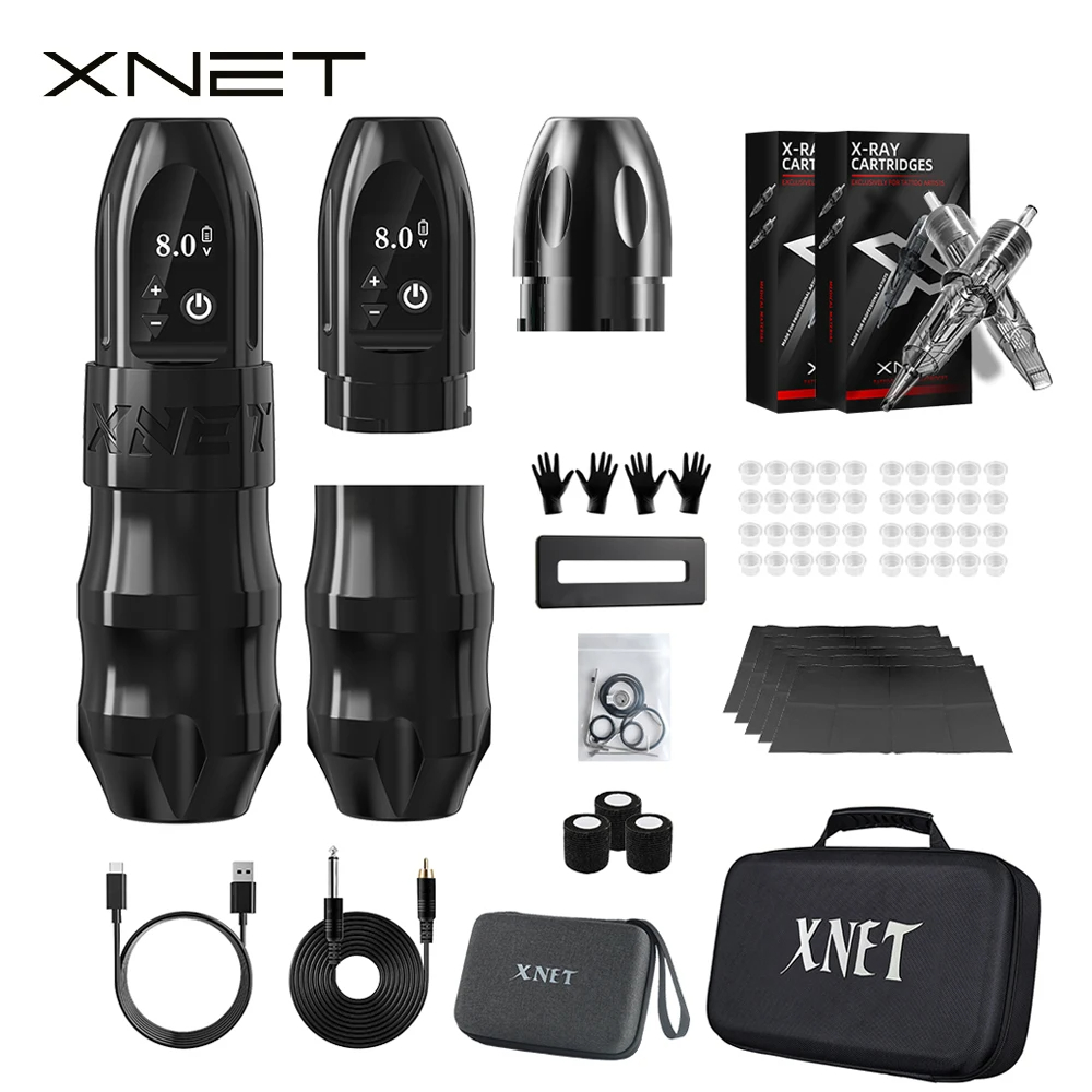 XNET Titan ワイヤレスタトゥーマシンキット 追加の 38mm グリップ 2400mAh バッテリー付き 40 個の混合タトゥーカートリッジ タトゥーアーティスト用
