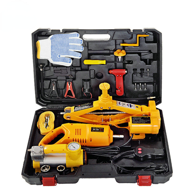 3トン電気自動車ジャッキキットリフティングセット12V 3 in 1ハサミカージャッキ、インパクトレンチとポンプオートリフト修理ツール付き