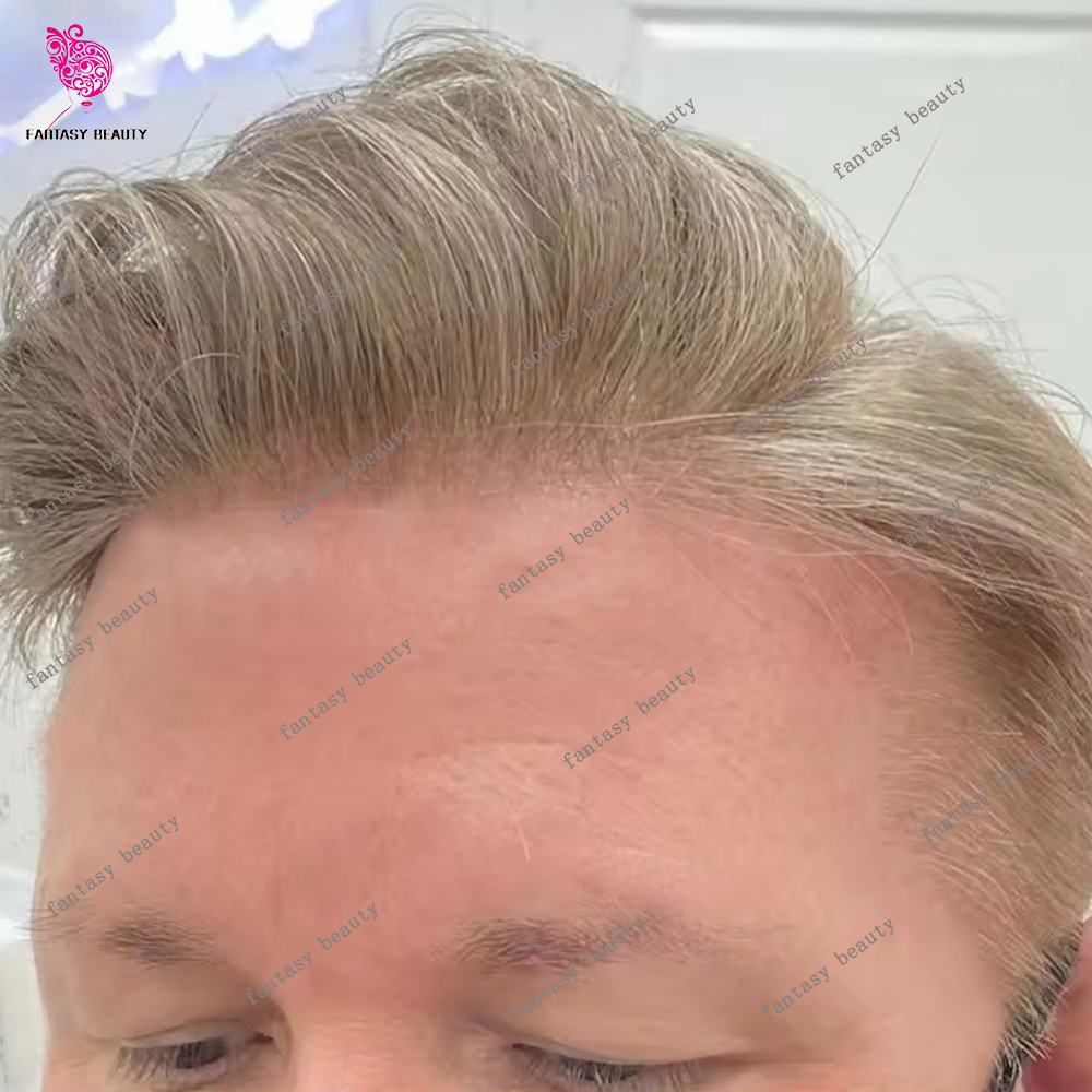 0.02mm 80Density Super Natural Hairline Invisible Thinnest Skin PU #565 #380Brown Grey HumanHair Toupee for Hair Loss Man Vloop