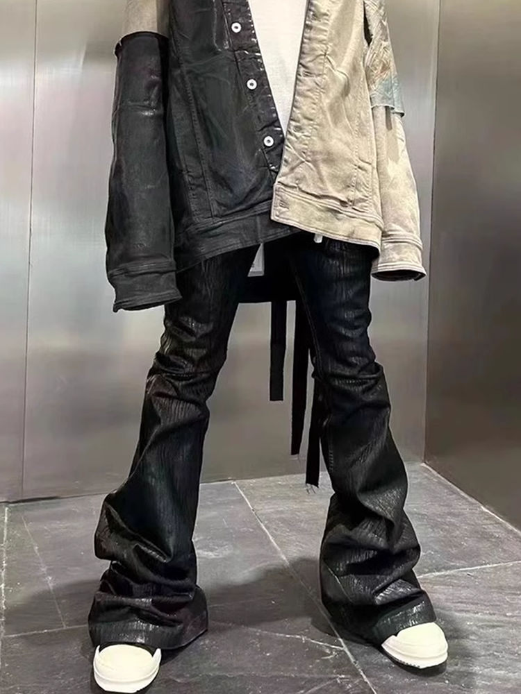 ストリートブラックワックスレザー Strecth ジーンズ男性 Ropa Hombre だぶだぶ Y2k フレアパンツ特大ストレートデニムパンツ