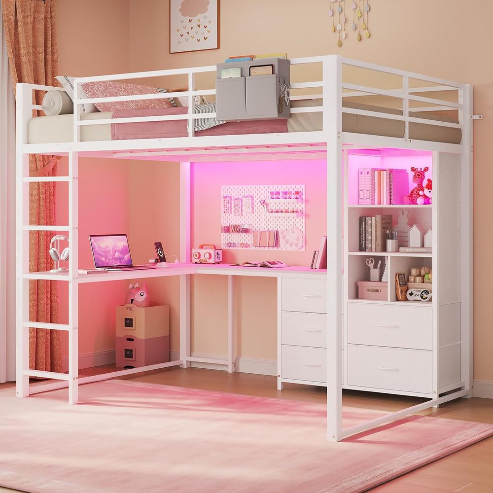 ADORNEVE ull サイズ ロットベッド L デスク付き、5 段本棚、5 つの収納ダー、電源コンセント付き LED メタルロットベッド、サエティ付きロットベッド