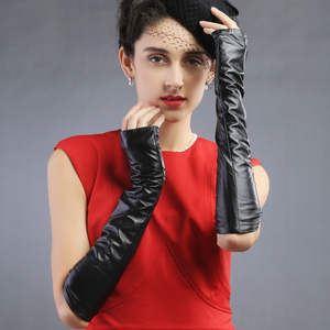 Women's Vintage-Style Genuine Leather Long Gloves, Black, Fingerless, Driving-Style, Winter-Warm, for Everyday Use