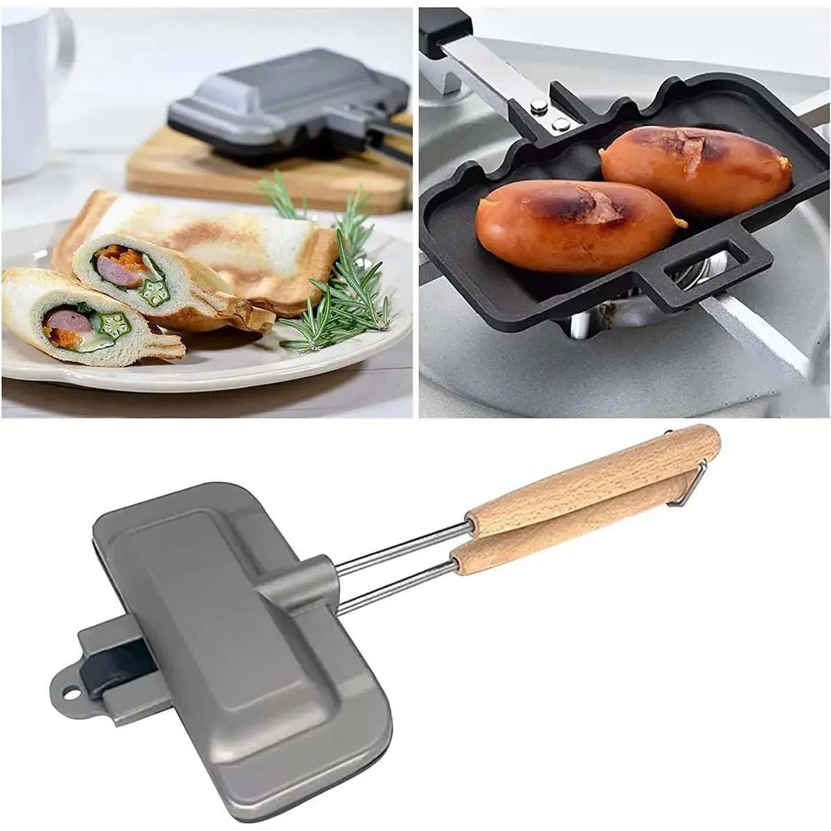 朝食サンドイッチメーカー、4W1Hサンドイッチメーカー、ホットドッグトースター、プレス耐熱皿ノンスティックフライパンパンケーキパンクッカー、取り外し可能なハンドル付き、朝食パンケーキ、オムレツ、フリッタータ、トースト用 (C-1)