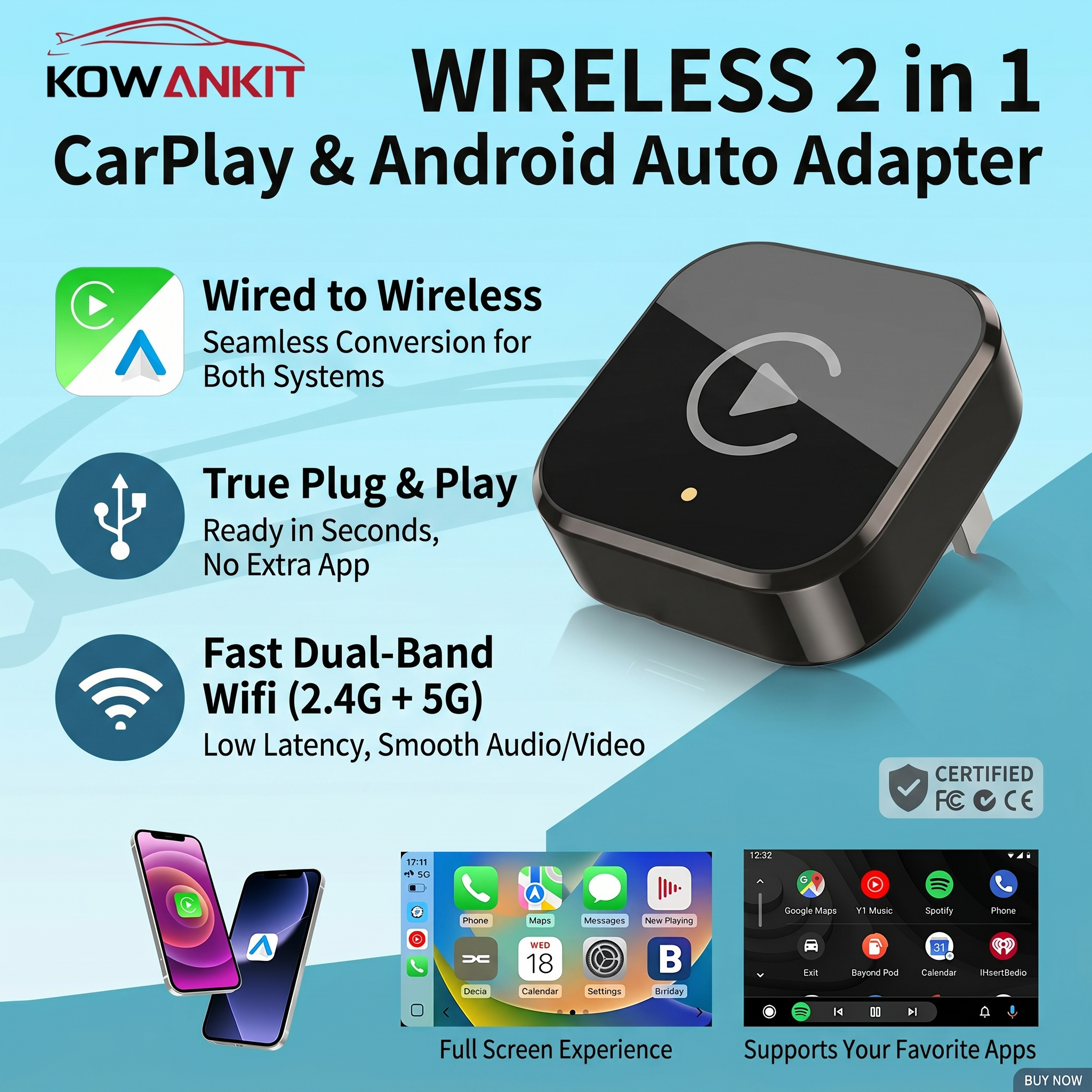 2026 ワイヤレス CarPlay ドングル Kowankit Android 自動 2 で 1 アダプタ BT 5G WiFi プラグプレイ自動接続トヨタヒュンダイフォード VW