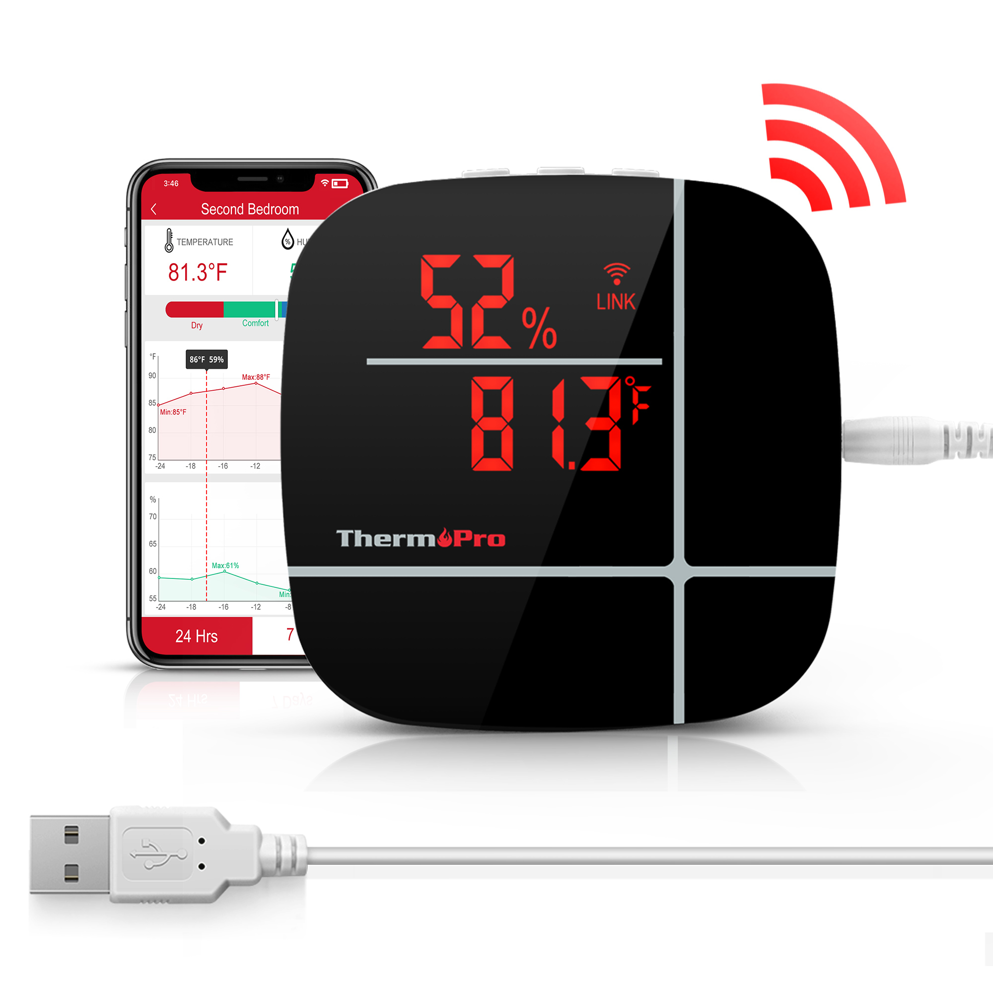 WiFi スマート湿度計 室内温度計 デジタル湿度計 Alexa 音声 ホームルーム ベッドルーム、ThermoPro TP-90 LED アプリ