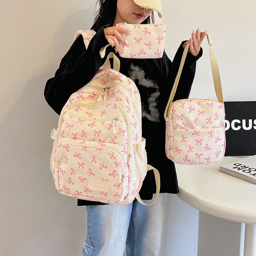 3 ピース/セットかわいい大容量弓バックパック弓プリントナイロンスクールバッグ調節可能なストラップ旅行バックパック