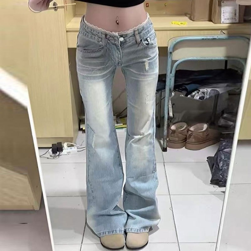 ライトウォッシュ フレア ジーンズ 女性用 プラスサイズ レース ローライズ フロアレングス スリムフィット ベルボトム パンツ トレンディなデザイン 曲線美の女性向け