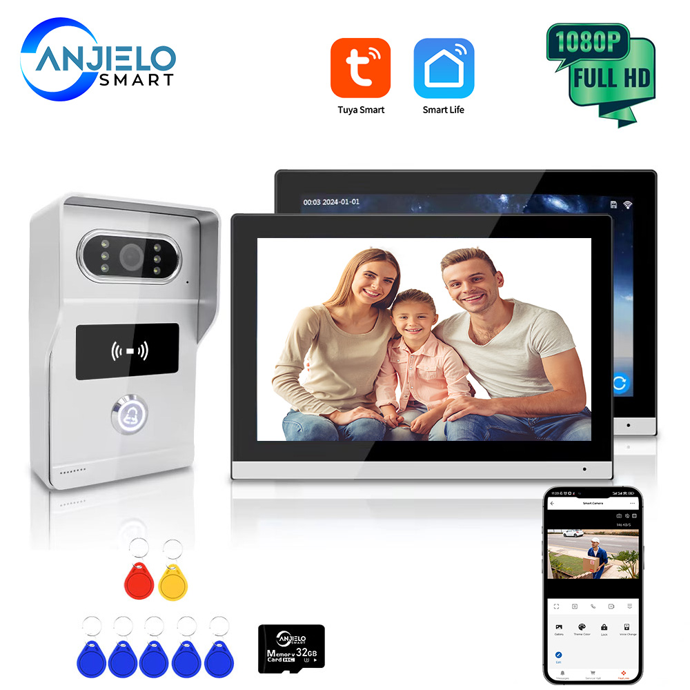 ANJIELO 1080P IP ビデオインターホンシステム 10 インチタッチスクリーン WiFi POE 有線ドアベル ヴィラフラット Tuya RFID アクセス制御付き