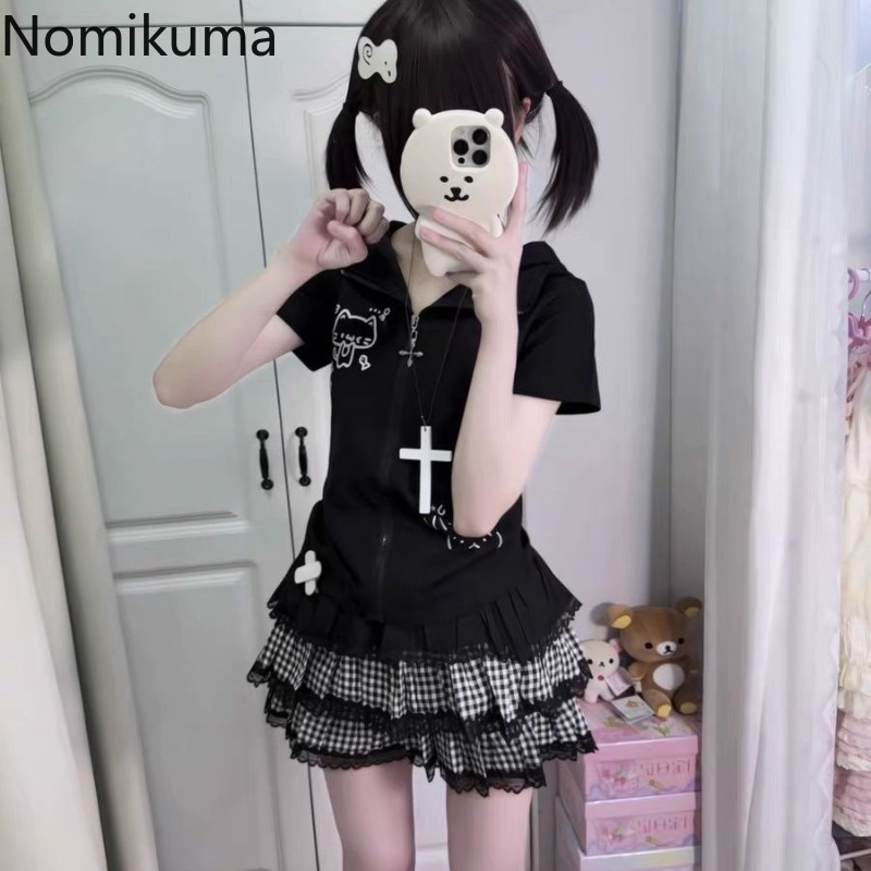 かわいいツーピースセット女性のためのフード付き半袖ジッパートップスパッチワークチェック柄ミニスカート衣装ファッション甘い夏 Y2k スーツ