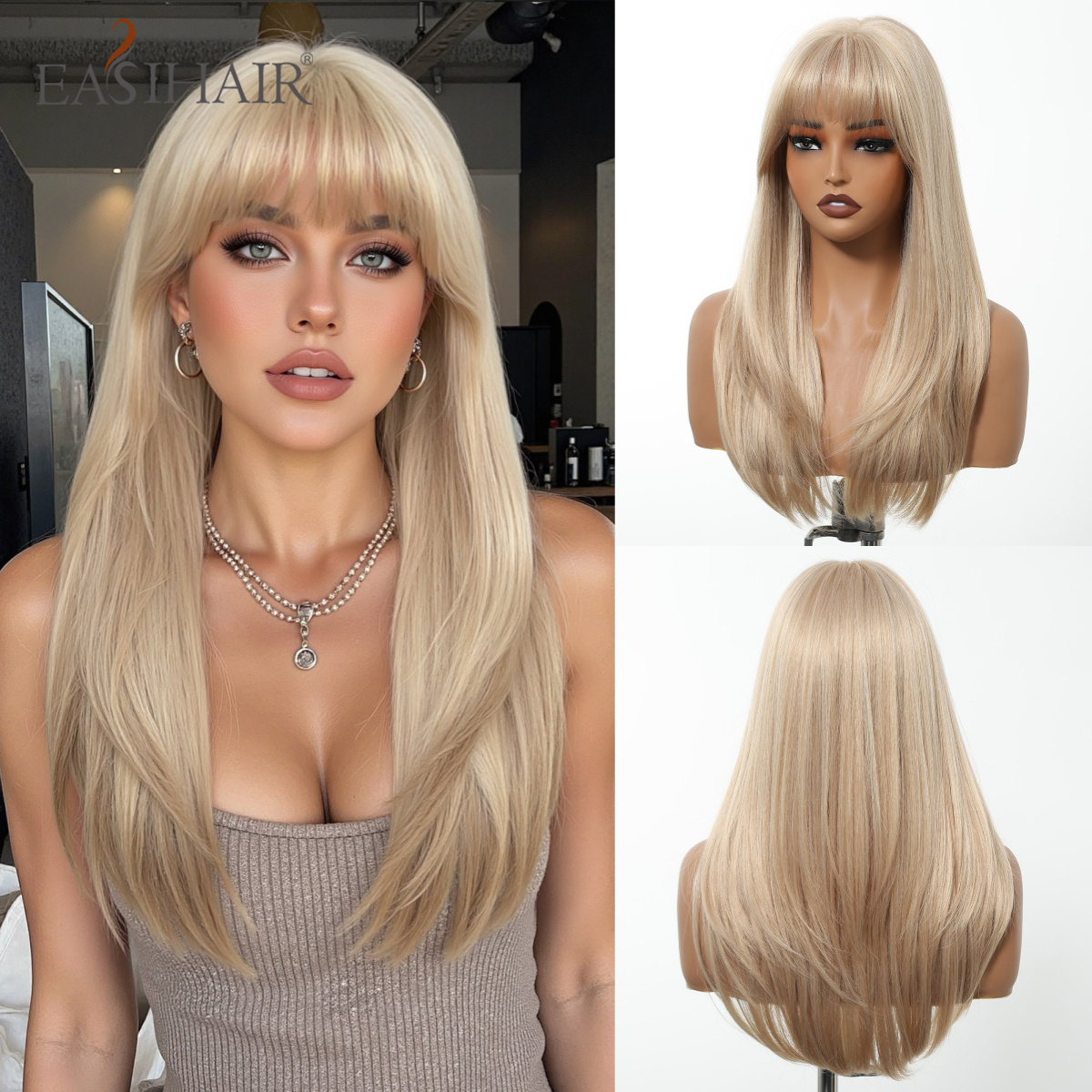 EASIHAIR ロングブロンド合成かつら女性のためのストレートレイヤード自然な髪かつら前髪耐熱かつら日常使用