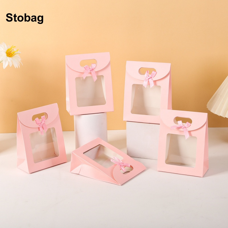 StoBag 12個 ピンク反転リボン クラフト紙ギフトトートボックス 窓付き 小型包装 ケーキ キャンディー収納 誕生日パーティーの記念品