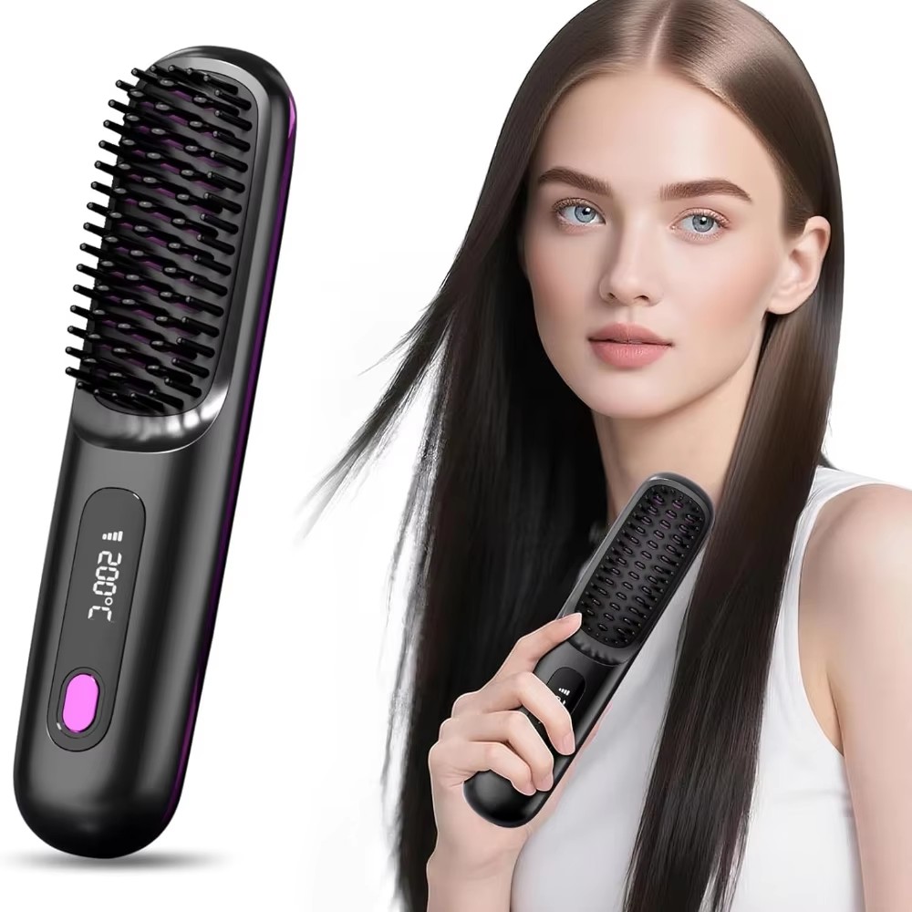 ストレートヘアアイロンブラシ LCDディスプレイ付き コードレスUSB充電ストレートアイロン ポータブルミニストレートブラシ 家庭旅行用