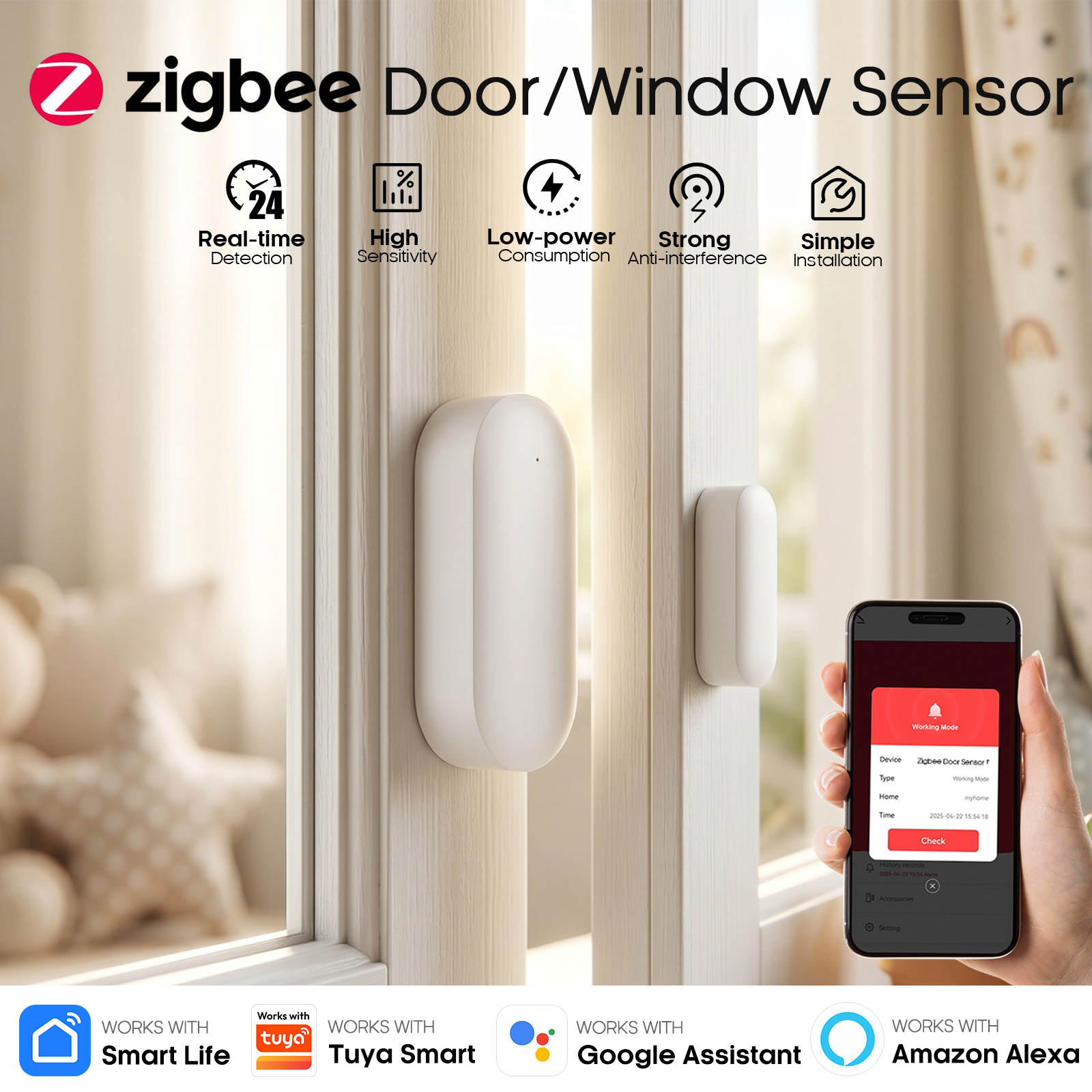 Tuya Zigbee ドアオープン検出器 Alexa Google スマートライフアプリと連携ホームセキュリティドアウィンドウセンサー用リアルタイムモニター