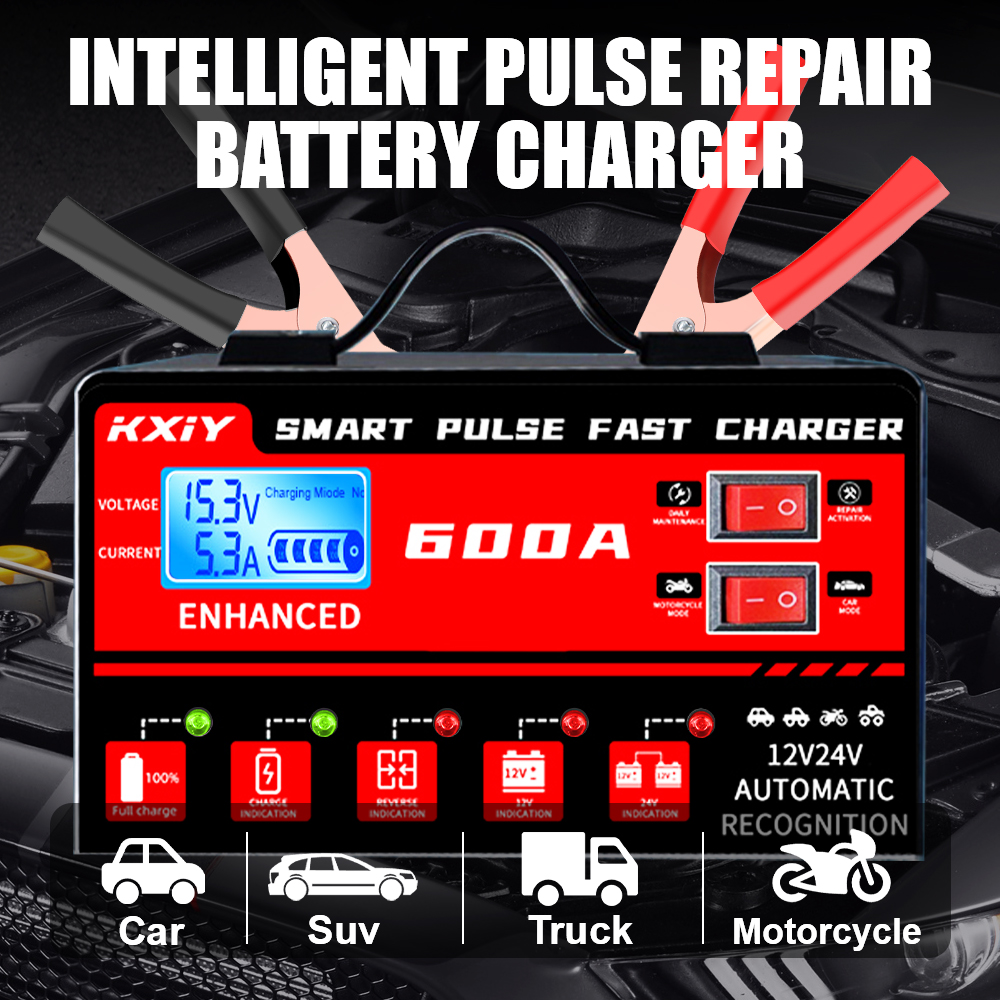 EU プラグインテリジェントパルス修理電圧温度検出自動停止 12V 600A デジタル Lcd ディスプレイ車のバッテリー充電器