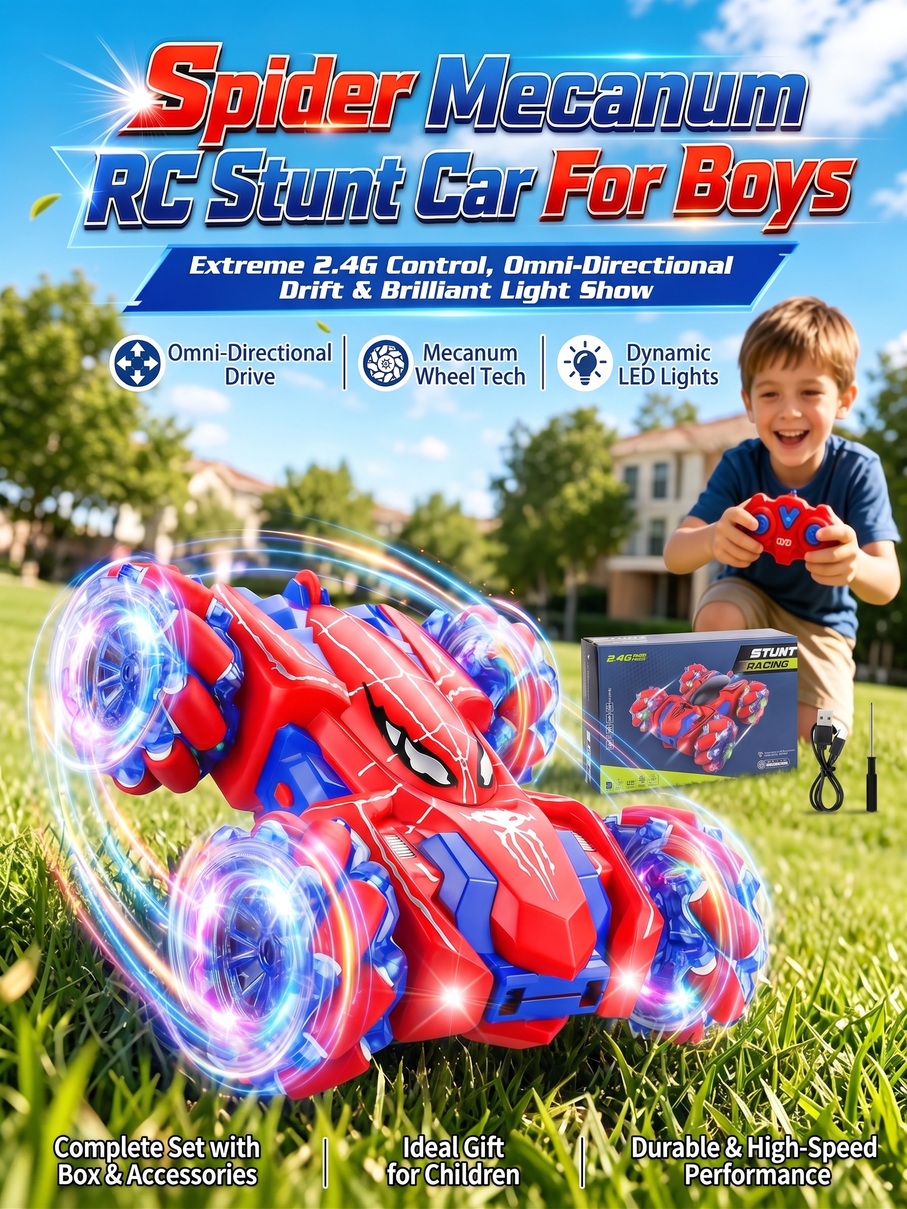 スパイダー両面 RC スタントカー 全方向ライトアップホイール付き 2.4GHz リモコンツイストカー 360°回転ドリフトビークル 充電式 600mAh RC おもちゃカー ギフト 6 歳の男の子向け