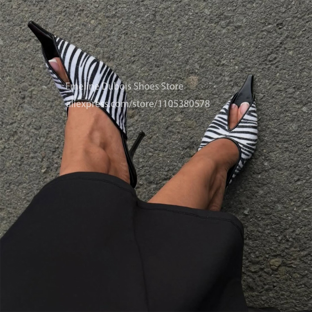 Zebra Print Faux Pony Hair Cutout High Heel Sandals Women Pointed Toe Slip on Stilettos Mules Sexy Party Ladies Dress Sandals