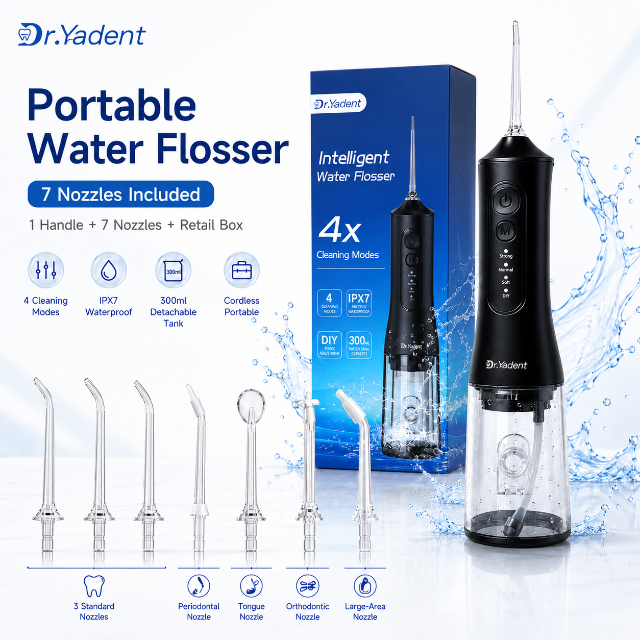 Dr.Yadent YD06 口腔洗浄器フロッサー 300ML 大容量 ロードトリップ用 4 モード DIY 圧力 7 種類のノズル ウォータージェット