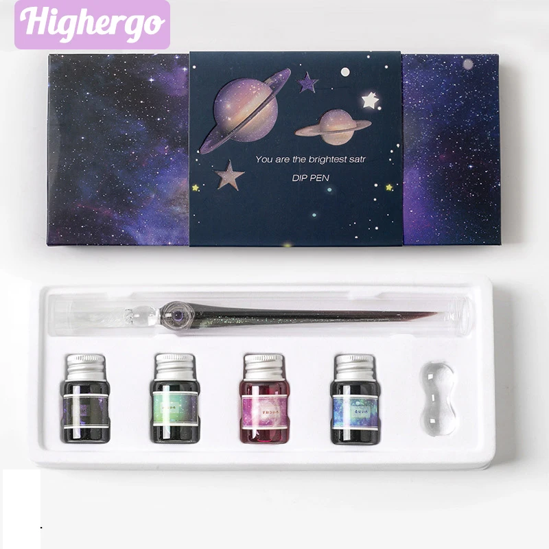 Highergo 6 ピース/箱プラネットガラスディップペンセットクリエイティブ書道インクキットペンホルダー付き書き込み描画ギフト文具