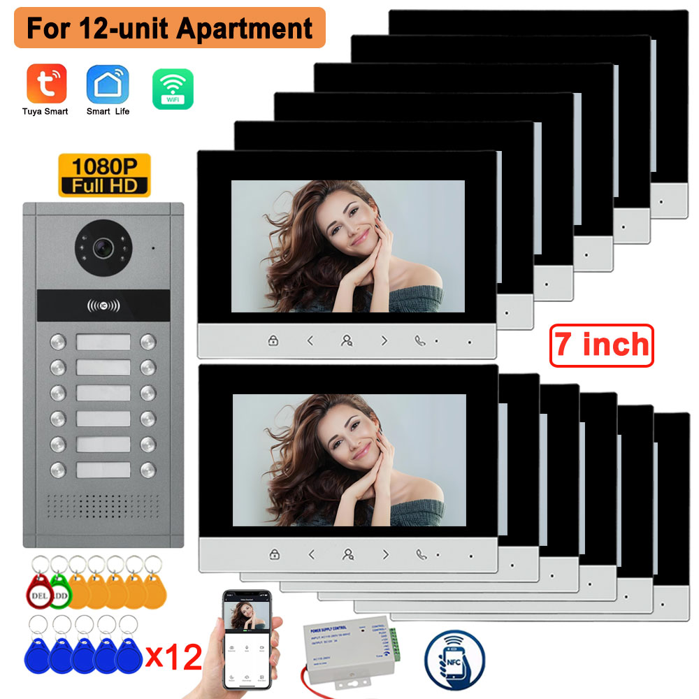 4 ワイヤー 7 インチ LCD WiFi Tuya ビデオドアホン HD カメラドアベルインターホン RFIC NFC APP ロック解除システム 4/6/8/10/12 ユニットアパート