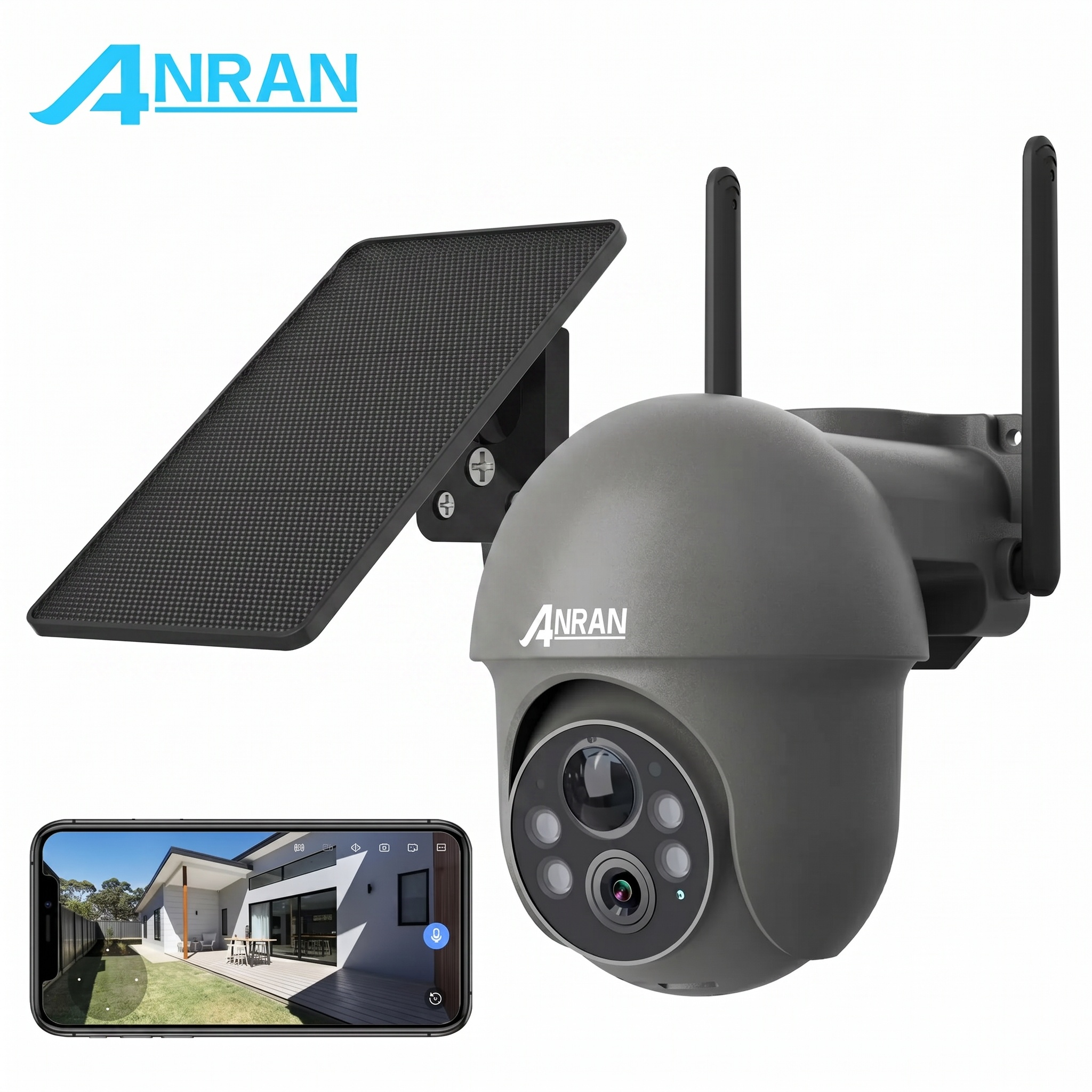 ANRAN 5MP ソーラーセキュリティWiFiカメラ 屋外ワイヤレス監視投光器 動体検知 カラーナイトビジョン リモートビューイング