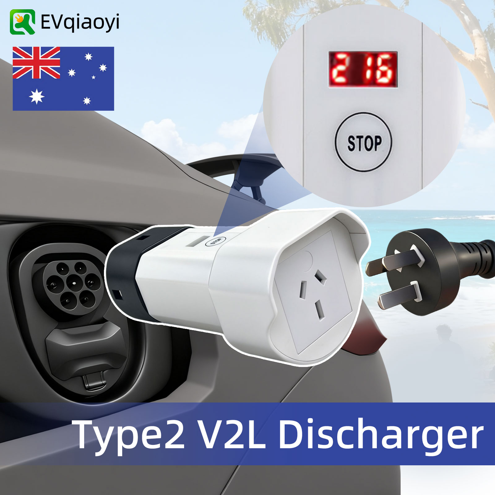 EVqiaoyi タイプ 2 V2L 放電器 16A オーストラリアソケットアダプター type2 放電付き BYD 吉利 EX5 ヒュンダイ ジェイクー オモダ ルノー用