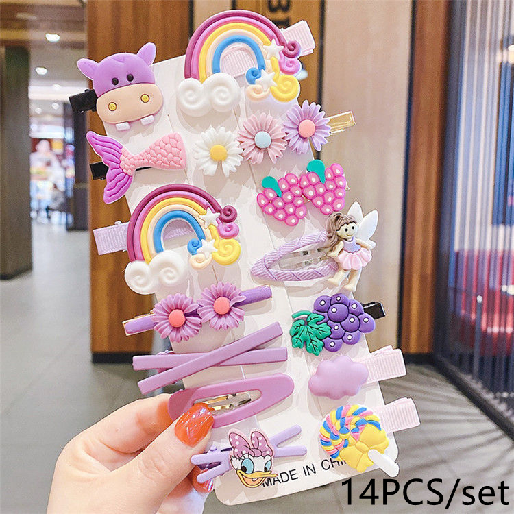 14 ピース/セットかわいい子バレッタ子供ヘアグリップヘアクリップアクセサリーギフトセット少女漫画パターンヘアクリップセット