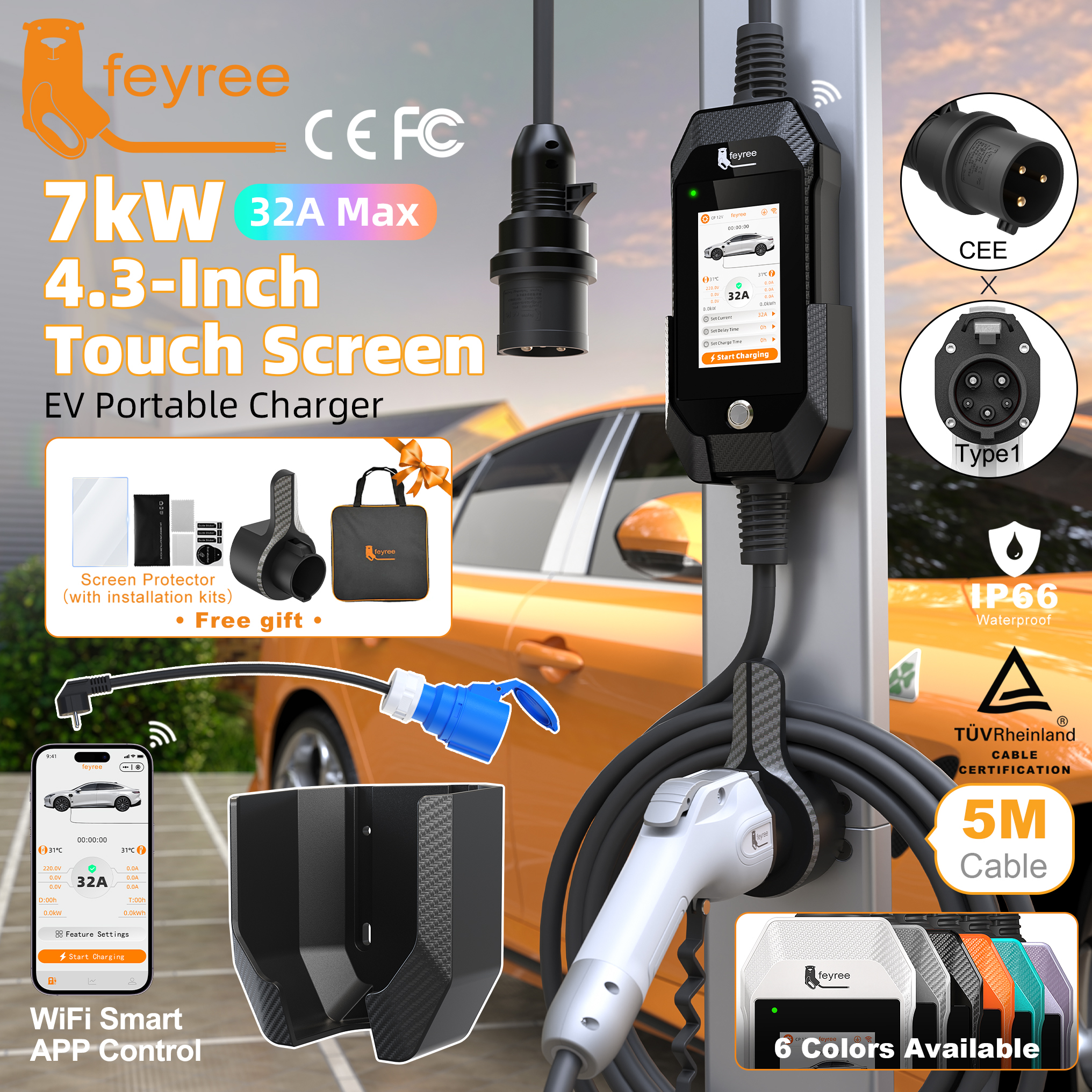 Feyree 4.3 インチ タッチスクリーン Type1 充電プラグ ポータブル 7kW EV 充電器 デュアル温度保護 スマート APP OTA アップグレード AC 充電器