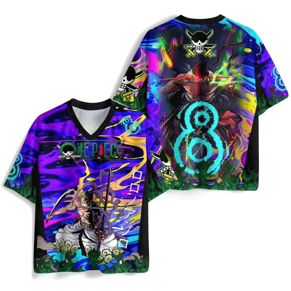 男性ワンピースロロノア・ゾロジャージ男性サイケデリック半袖 V ネックカラフルなアニメグラフィック Tシャツファンのためのカジュアルストリート