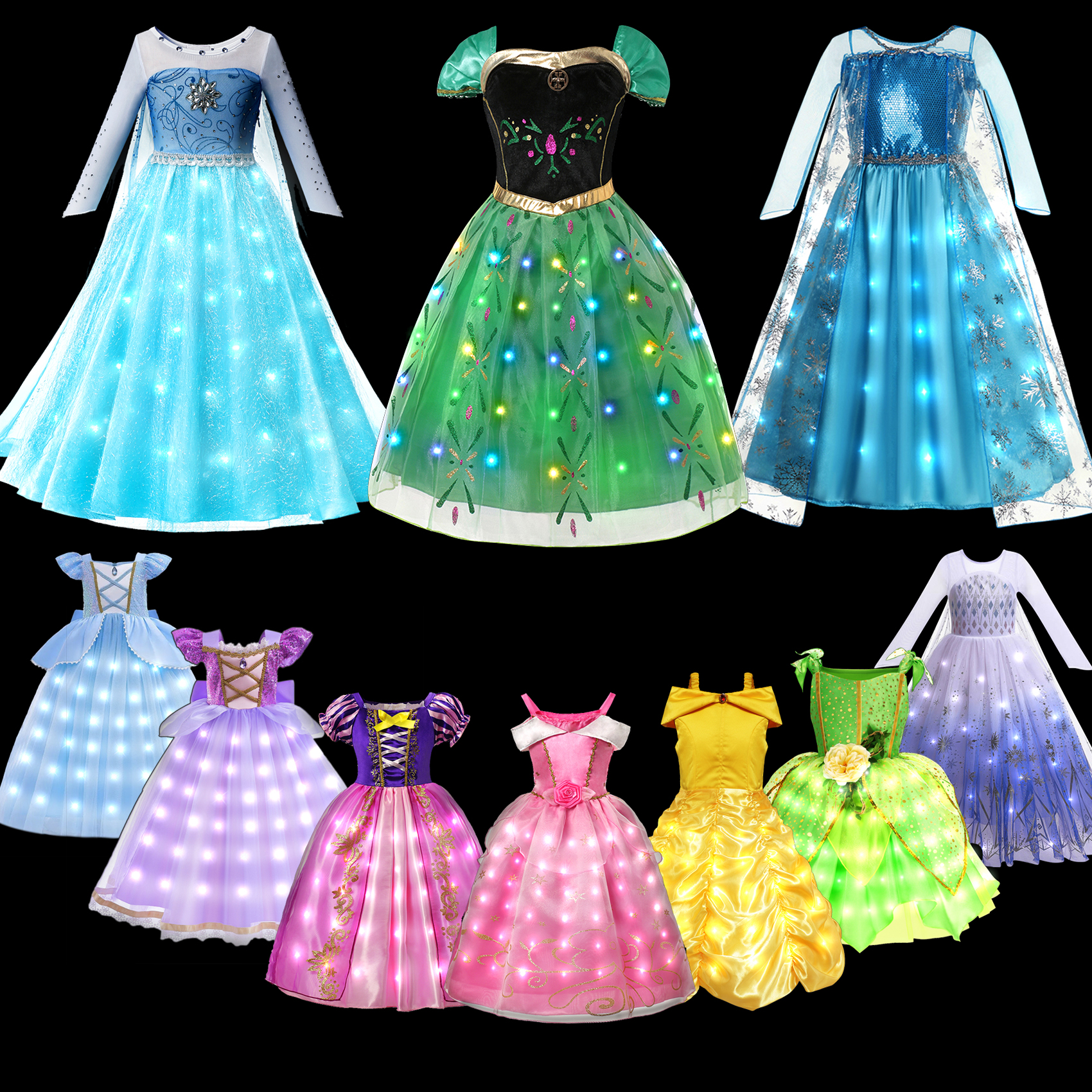 女の子エルサアンナプリンセスドレス LED ライトアップ衣装子供用コスプレパーティー服ラプンツェルオーロラ衣装カーニバルウエディングドレス