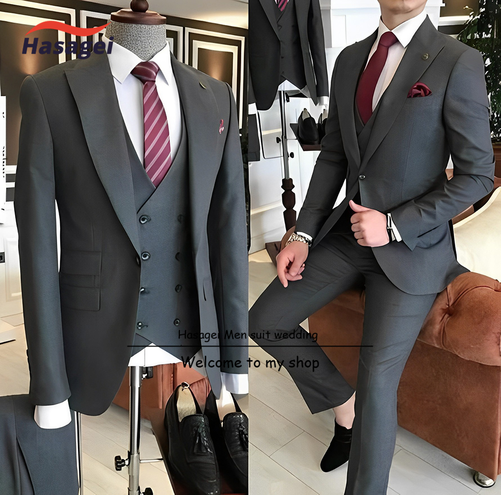 グレー新郎スーツ 3 ピーススーツメンズフォーマルジャケットパンツベストダブルブレスト高品質ブレザースーツ男性のための