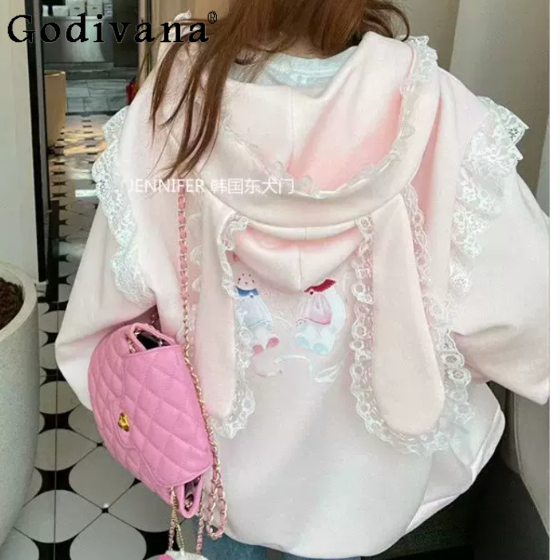 大きいサイズ春秋甘いレース緩い薄いセータージャケットかわいい女の子年齢削減カレッジ日本のフード付き長袖トップス