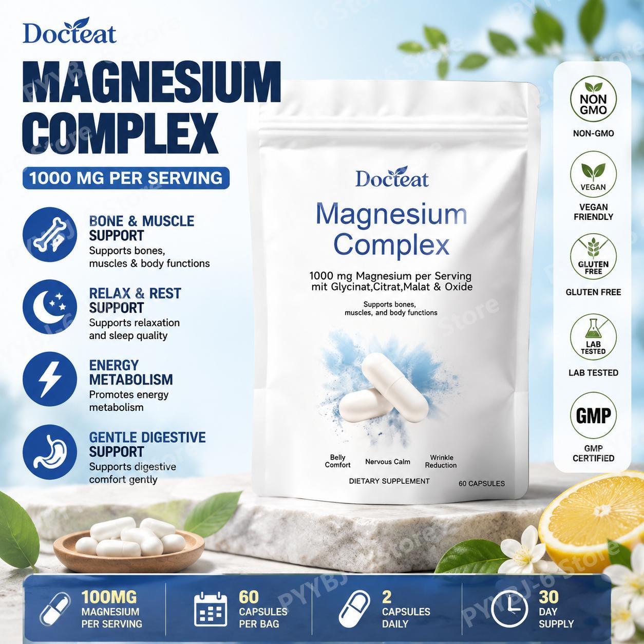 Docteat マグネシウム コンプレックス カプセルはリラクゼーションと睡眠の質をサポート 1000 Mg グリシン酸クエン酸リンゴ酸マグネシウム 60 カプセル