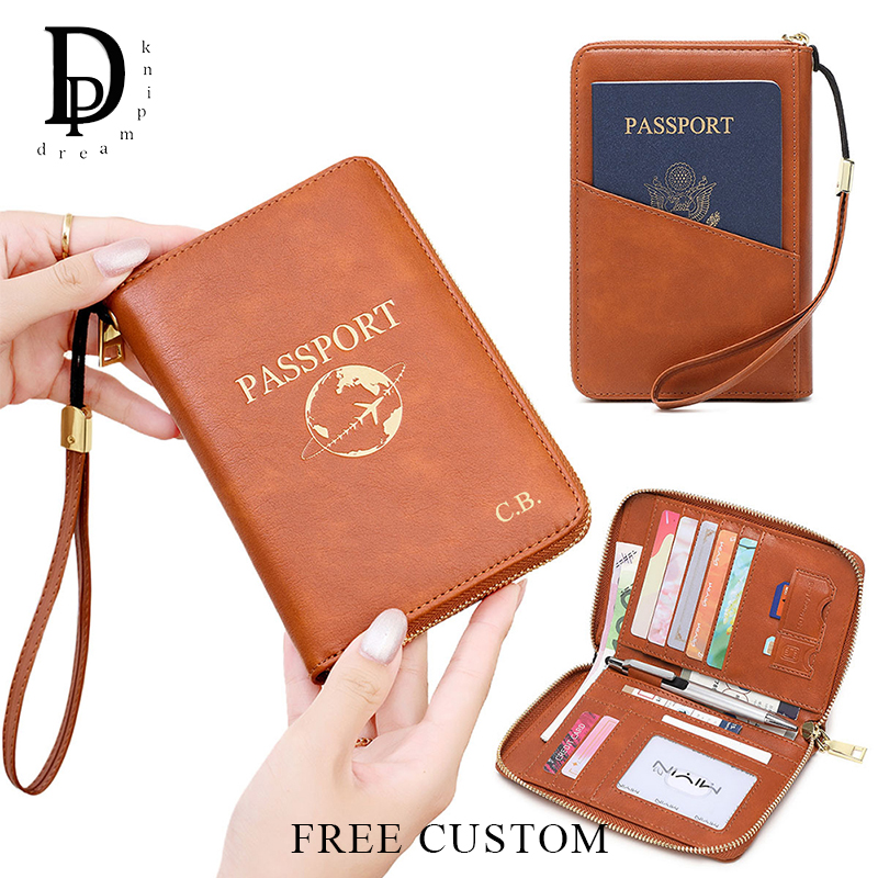 Custom Letters Travel Portable Passport Bag Engrave Name PU Leather Large Capacity Card Holder Zip RFID Blocking Luxury Wallet