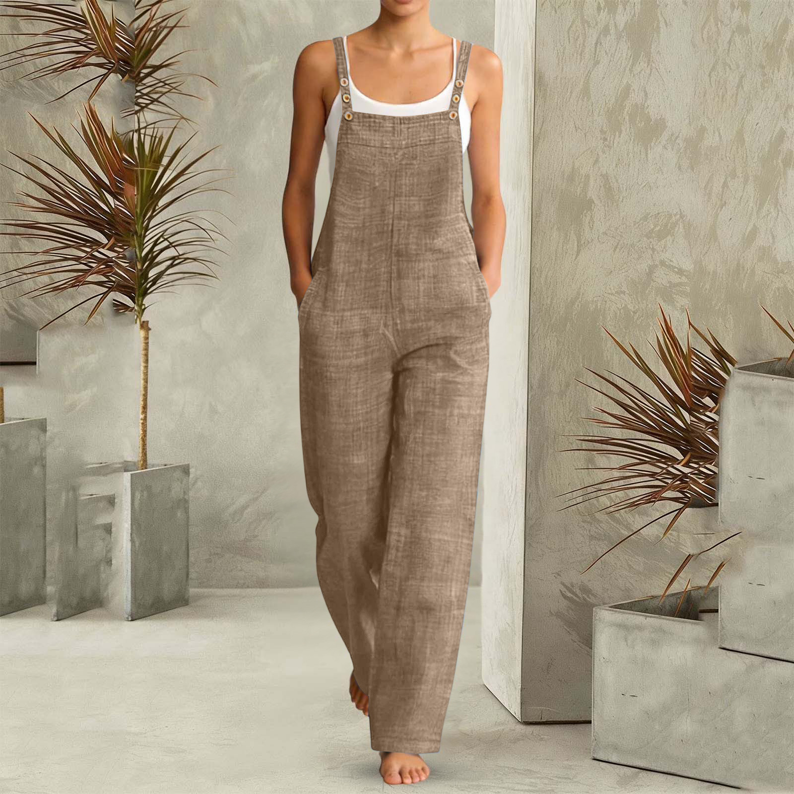Women Linen Casual Jumpsuit Summer Fashion Suspender Oversize Wide Leg Overall With Pocket Button Straps Mujer Casual Bodysuits