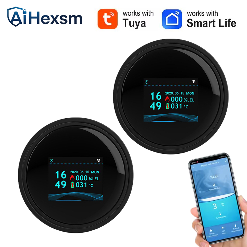 Tuya Wifi リーク温度機能付き可燃性ガス検知器サポートホームスマートライフ天然ガス警報センサー LCD ディスプレイ