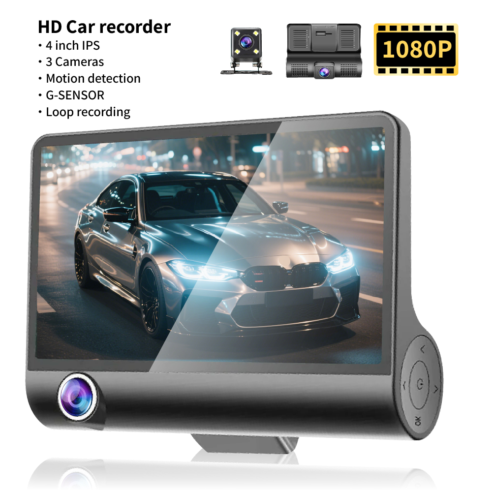 ダッシュカム車 3 カメラ DVR 4 インチ Fhd 1080P 自動ビデオレコーダー 3 レンズリアビューカメラナイトビジョンレジストレーターブラックボックス付き
