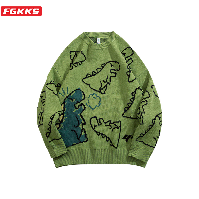 FGKKS セーター男性原宿ファッションニットヒップホップ恐竜漫画プルオーバー O ネックオーバーサイズカジュアルカップル男性セーター
