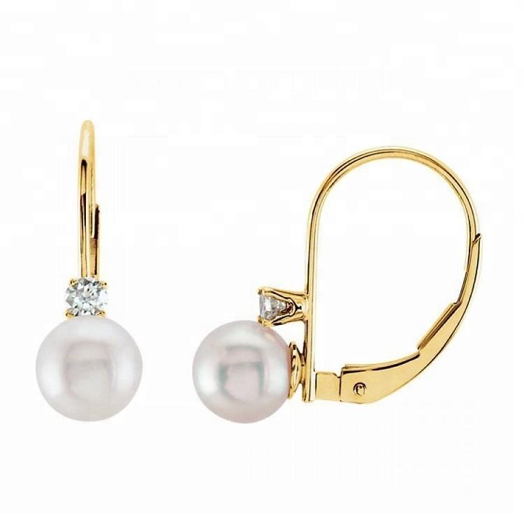 パール イヤリング 6mm 14K イエロー ゴールド ジュエリー フープ イヤリング ダイヤモンド ジュエリー