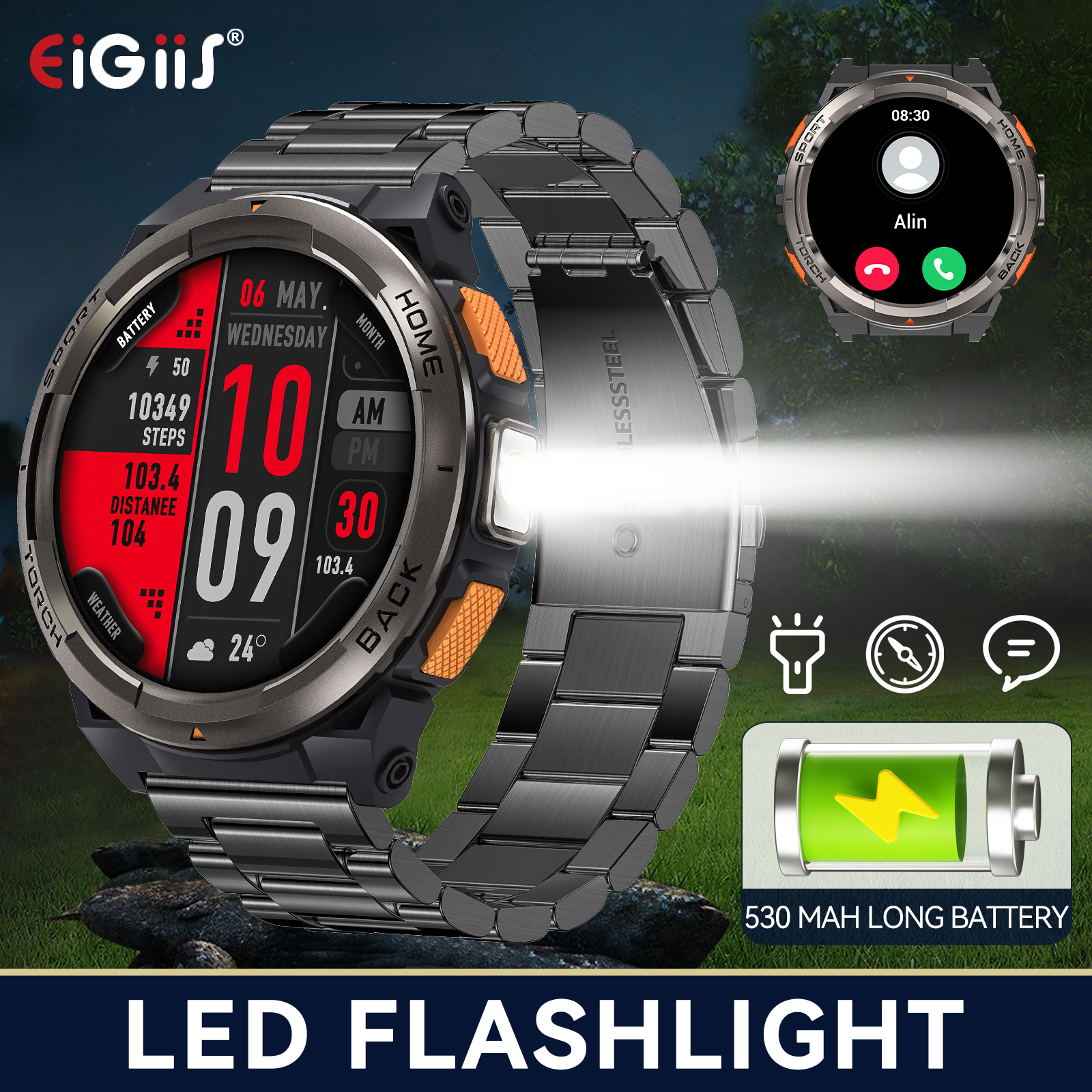 EIGIIS スマートウォッチ KE5 2024 3ATM 防水オリジナルデザインスポーツウォッチコンパスと高度気圧計 LED 懐中電灯通話