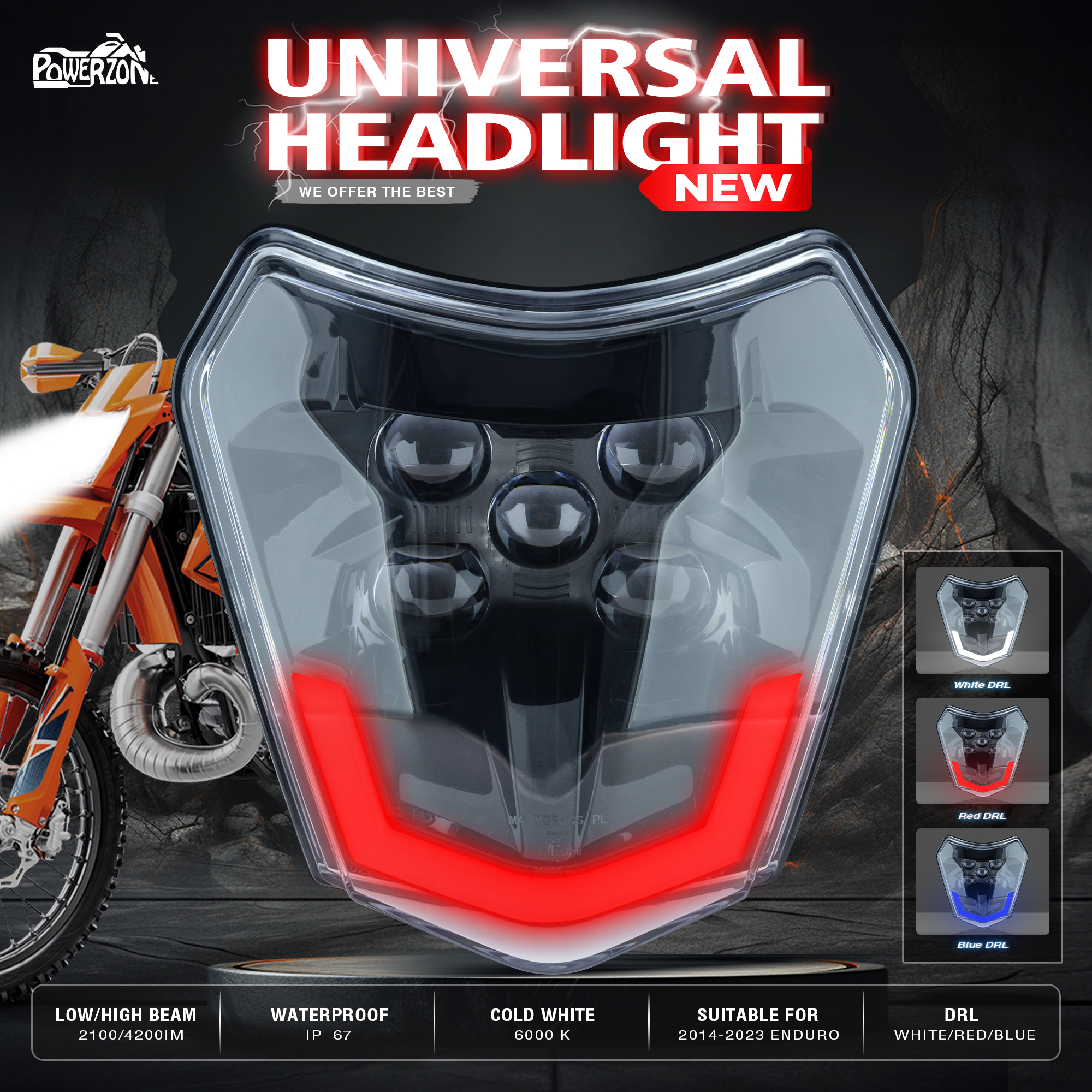 Powerzone オートバイ LED ヘッドライトヘッドライト KTM EXC XC SX MX 125 250 300 450 スーパーモトヘッドランプユニバーサル