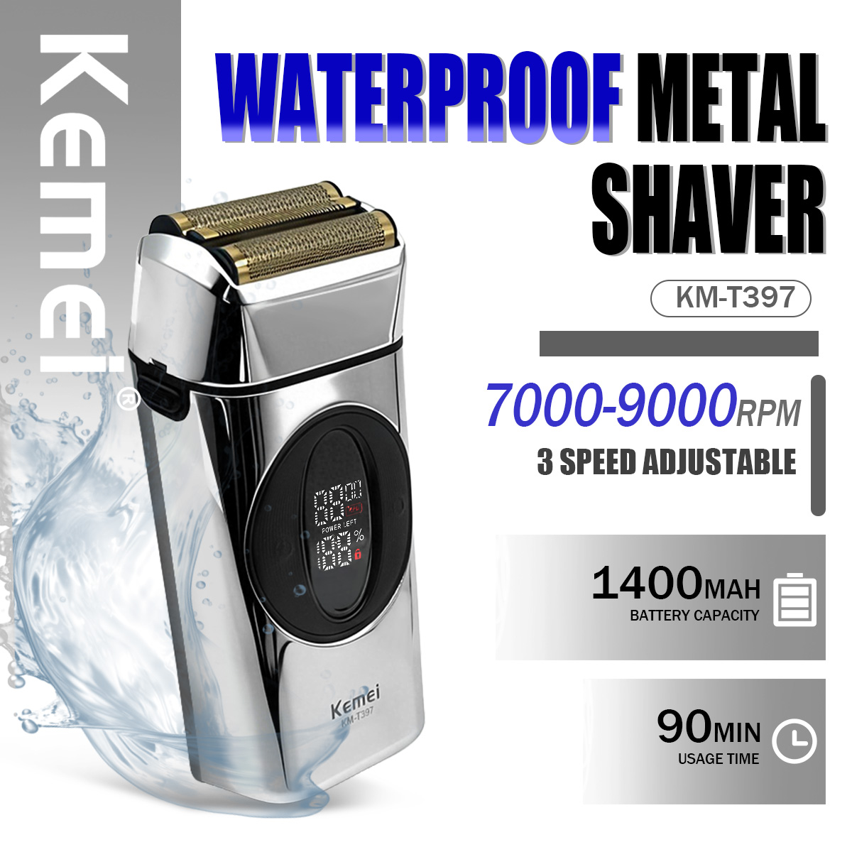 Kemei ひげトリマープロフェッショナルヘアトリマー IPX7 ひげシェーバー金属電気シェーバー 10000 RPM ひげトリマー男性 2 IN 1 KM-397