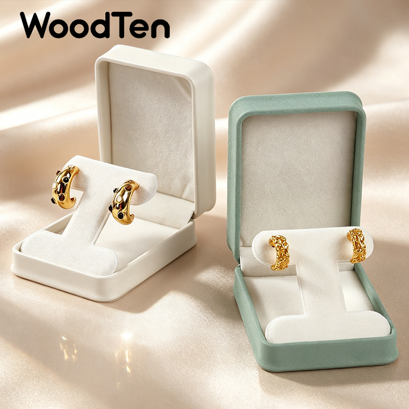 WoodTen イヤリングボックスジュエリーボックス Pu レザー収納ボックスジュエリーギフト包装ボックスウェディングイヤリングボックスオーガナイザー