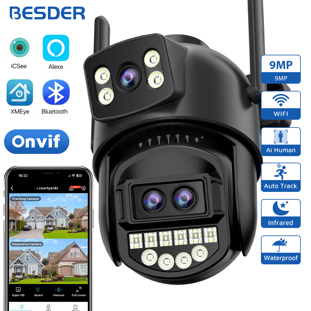 BESDER 9MP デュアルスクリーン Wifi カメラ PTZ 8X デジタルズームカラーナイトビジョン屋外セキュリティ保護 8MP CCTV IP カメラ iCSee
