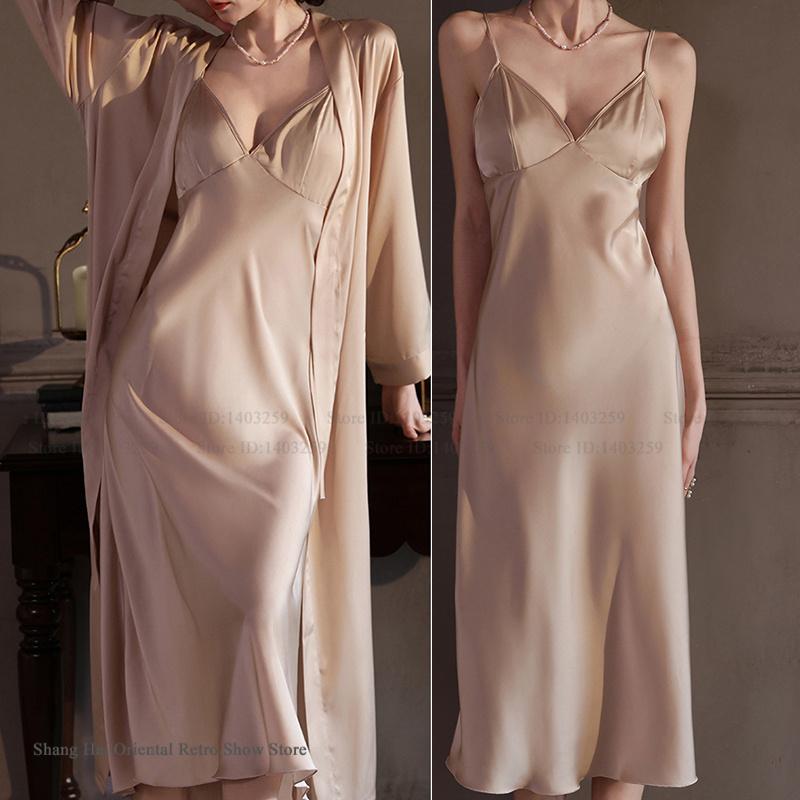 セクシーな女性の Twinset ローブセットパジャマエレガントなロングバスローブネグリジェランジェリー春夏の新シルクサテンパジャマホームドレス
