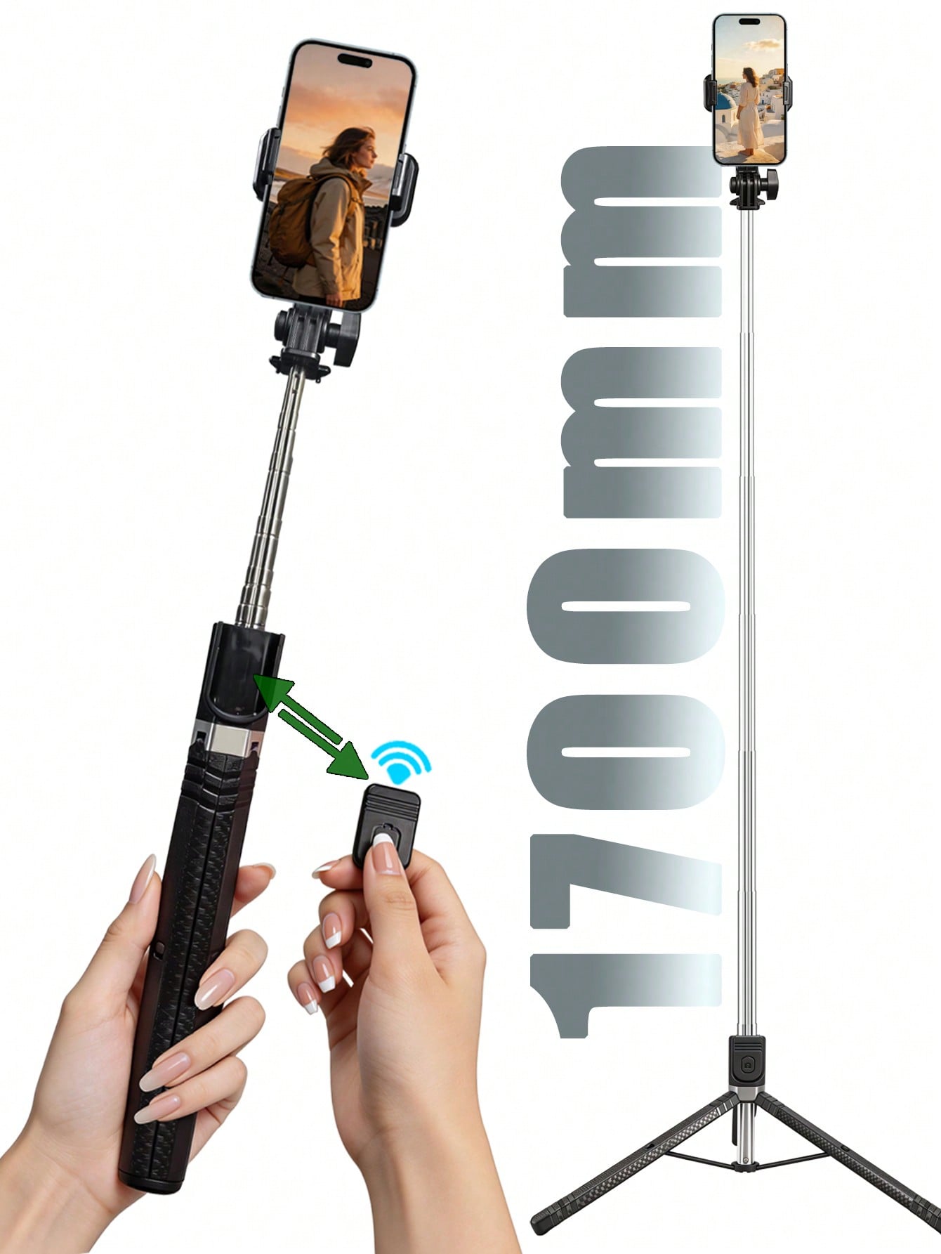 1700mm 拡張可能な自撮り棒三脚、Bluetooth リモコン付き、安定したライブストリーミング用の折りたたみ式電話一脚