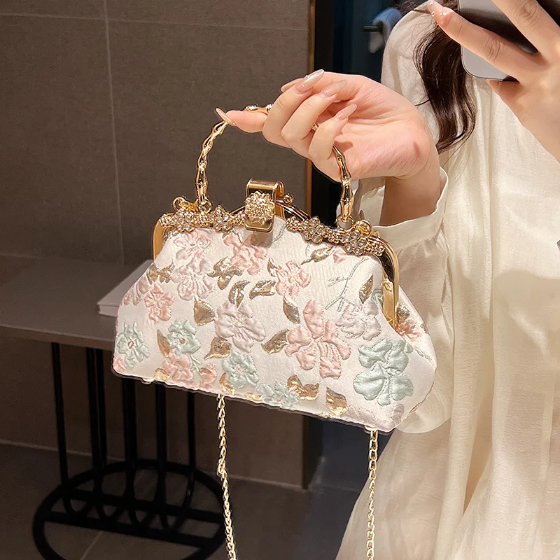 中国風のフラワープリントディナーイブニングバッグレトロファッションメタルハンドルハンドバッグ宴会パーティーチェーンショルダーバッグ小さなクラッチ