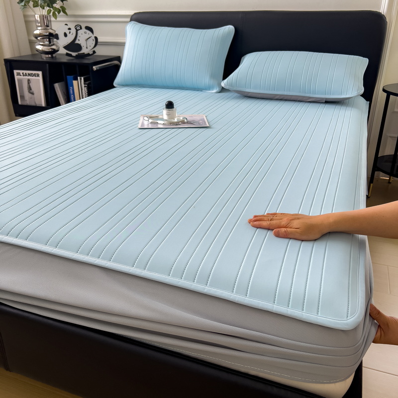 Solid Color Ice Silk Cooling Summer Mat for Bed Soft Breathable Mattress Protector Cover Thicken Cool Feeling Fitted Sheet Set