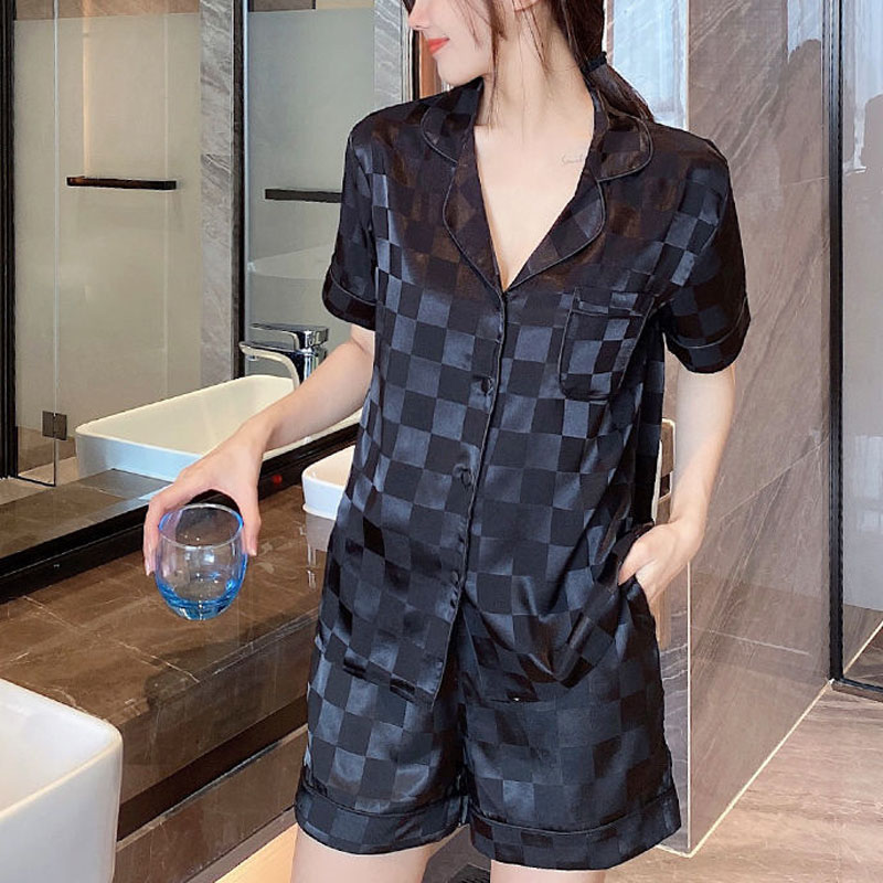 パジャマ女性ジャカード格子アイスシルク半袖ショーツスーツカーディガンラペル無地ガールホームウェア女性パジャマ