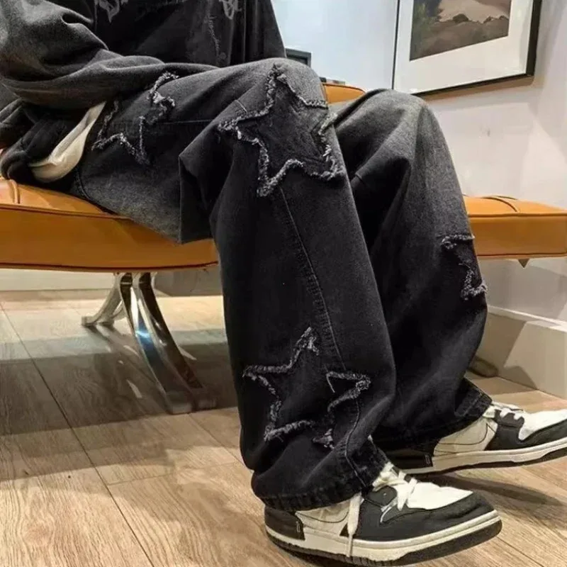 2025 新ファッションスタータオル刺繍ブラウンメンズジーンズパンツ Y2K 服ストレートヒップホップ綿のズボンパンタロンオム