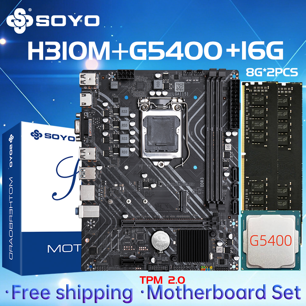 SOYO H310M DDR3 Motherboard G5400CPU 16G(8G*2)RAM Intel LGA1151 TPM2.0 Computer com Kit Xeon PCGAME PCIE3.0*16 Desktop Mainboard